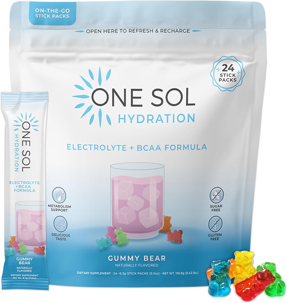 One Sol BCAA & Electrolyte Powder for Hydration & Energy, AllNatural Formula, 100% Vegan, Non-GMO, Gluten Free & Soy-Free, soodustab lihaste kasvu ja taastumist, Kummikaru maitse