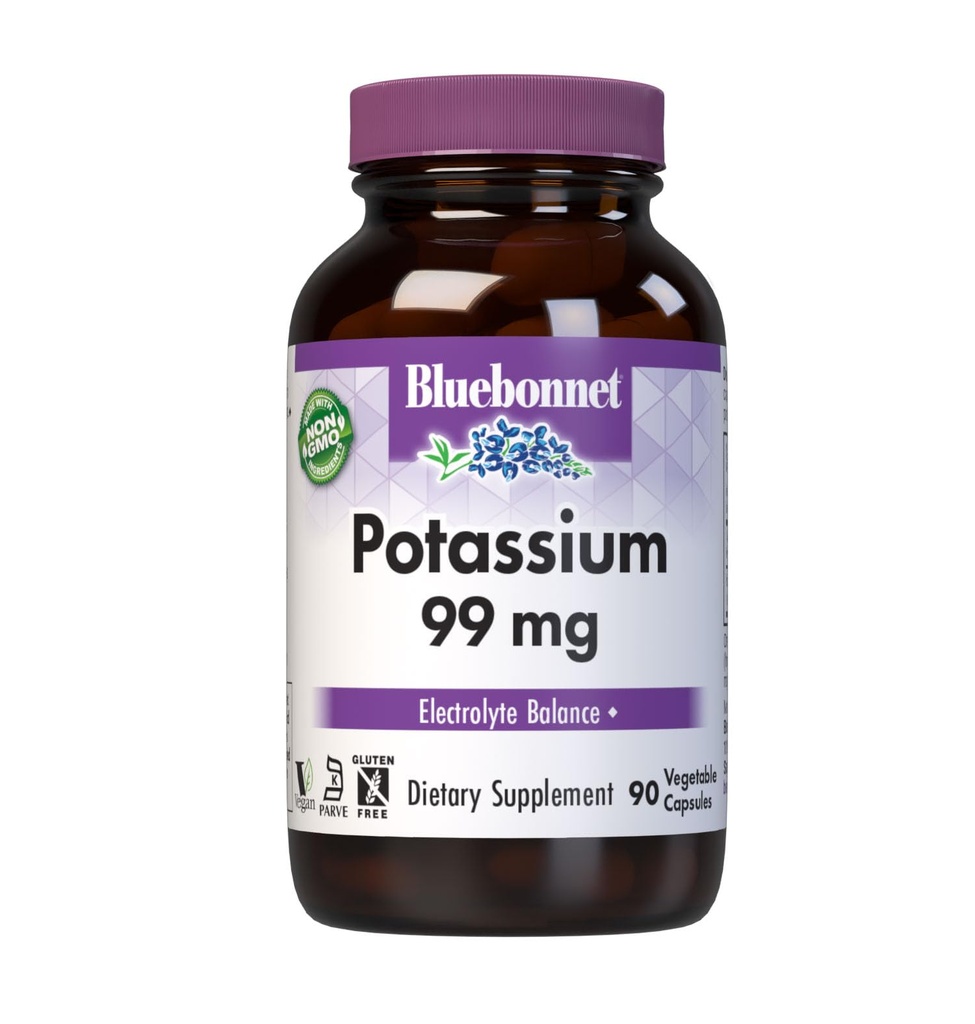 Bluebonnet'i kaaliumilisandi aspartaat 99mg Elektrolüütide tasakaalu olulised mineraalilisandid - mitte-GMO, Vegan, Kosher sertifitseeritud, gluteenivaba, sojavaba, piimavaba - 90 köögiviljakapslit