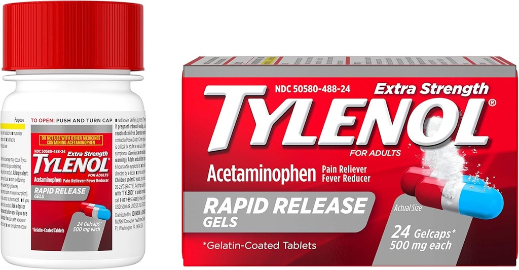 Tylenol Extra Tugevus Atsetaminofeen Kiire vabastamisgeelid, valu leevendaja ja palaviku vähendaja, 24 ct