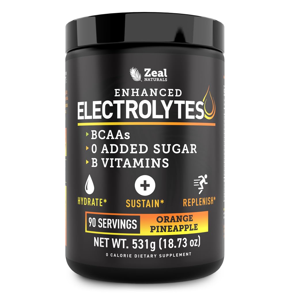 Zeal Naturals Electrolyte Powder Recovery Drink (90 Servings | Orange Ananass) w 0 Suhkur +BCAAs + B-vitamiinid Elektrolüütide täiendus w kaaliumtsink & magneesium hüdreerimiseks - Keto elektrolüüdid