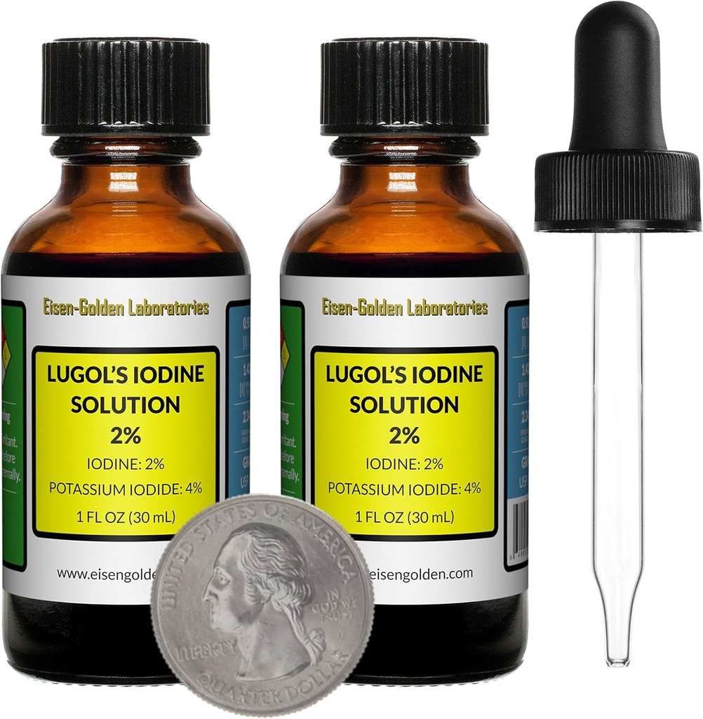 Lugoli jood / 2% lahus / 2 Oz kahes merevaigukollases klaasist pudelis / tasuta tilgutid / USA