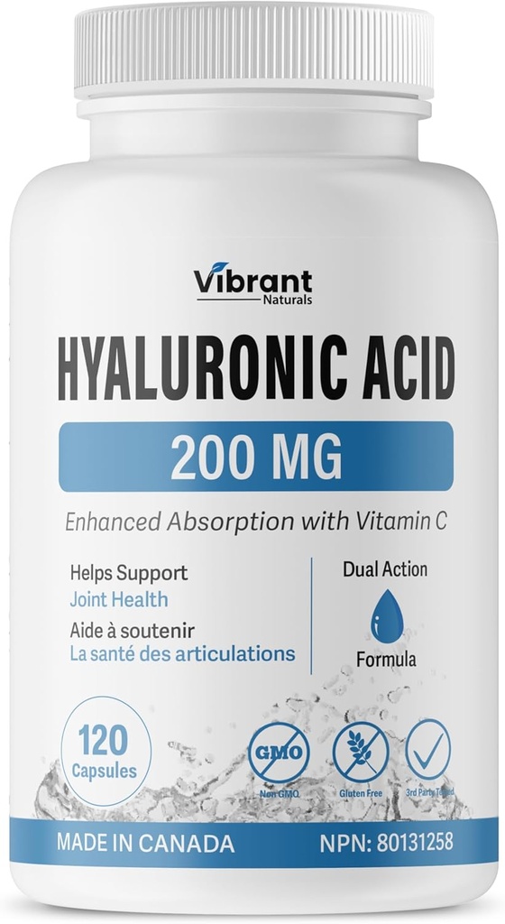 Hüaluroonhappe lisa 200mg - 120 kapslit, vitamiin C 100mg, liigeste ja naha tervis, mitte-GMO kääritamine, gluteenivaba, kolmanda osapoole testitud, biosaadav valem
