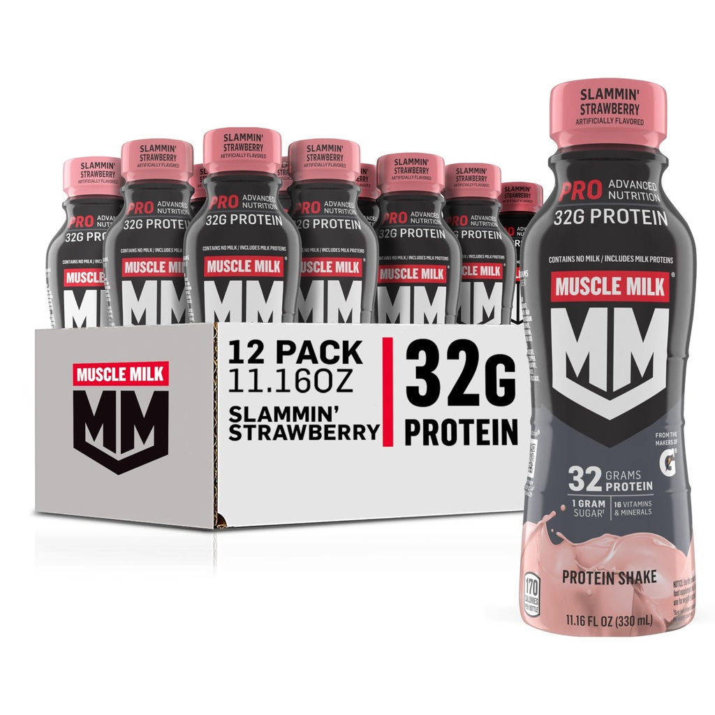 Muscle Milk Pro Advanced Nutrition Pro Pro Protein Shake, Slammin' Maasikas, 11.16 Fl Oz (12. pakk), 32 g valku, 1 g suhkrut, 16 vitamiini ja mineraali, 5 g kiudaineid