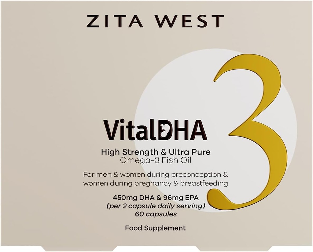 Zita West Vital DHA - sünnieelne DHA ja EPA koos tsingiga viljakuse, raseduse ja rinnaga toitmise jaoks - Omega 3 aju arenguks - 60 kapslit (1 kuu pakkumine)