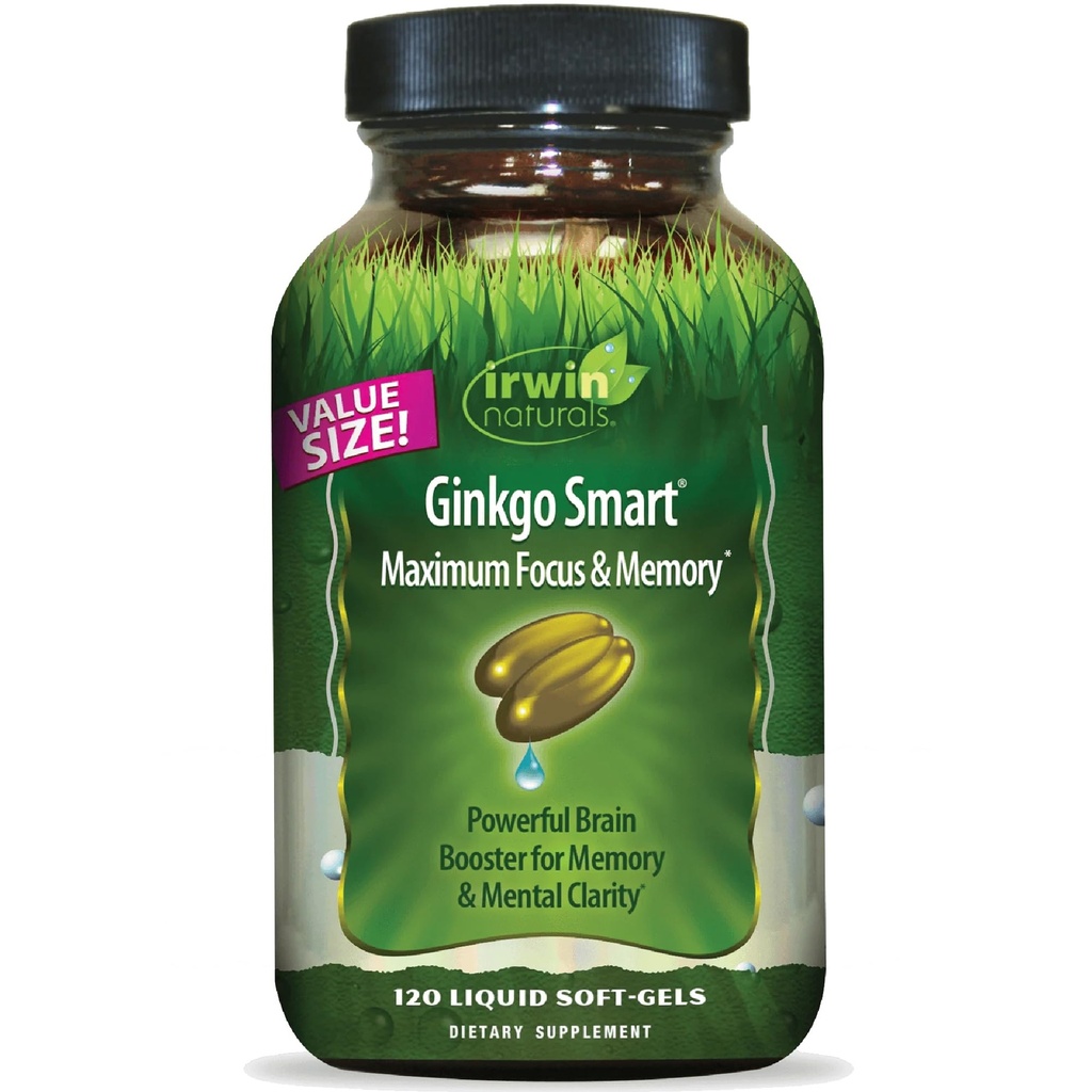 Irwin Naturals Ginkgo Smart Powerful Nootropic Brain Booster - toetab maksimaalset mälu, fookust ja vaimset selgust DMAE, Clubmossi, koliini ja atsetüül-L-karnitiiniga - 120 vedelat softgelit