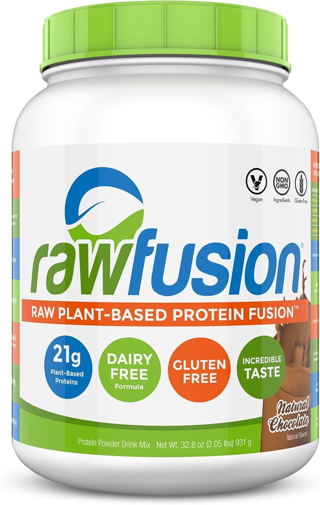 Rawfusion- Vegan Protein Powder, Natural Chocolate - 30 Servings, 21g of Plant Based Protein, Low Net Carbs, Non-Dairy, Gluten/Lactose Free, Soy Free, Kosher, Non-GMO, 2lbs Pound