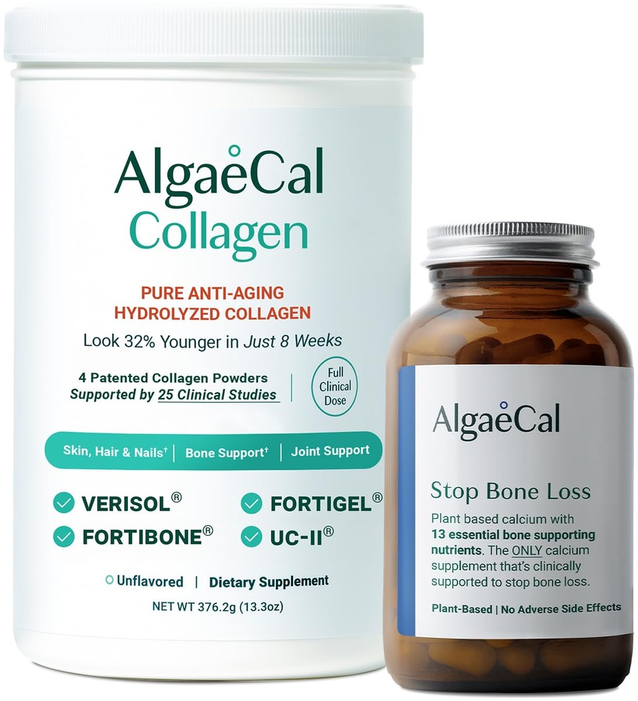 ALGAECAL Calcium & Collagen Bundle - Hüdrolüüsitud kollageen koos kliiniliselt toetatud Verisol, Fortibone & Fortigel, pluss 13 luu toetavad mineraalid ja D3-vitamiin luude tervise ja vananemise vastu