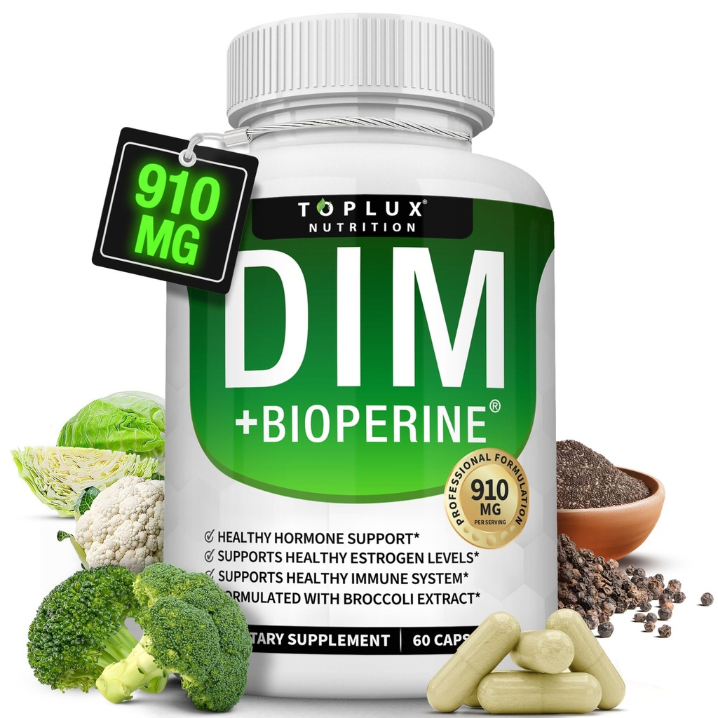 Dim Supplement 910 mg Plus BioPerine Complex - Diindolüülmetaan, et toetada hormoonide tasakaalu ja östrogeeni metabolismi, aitab menopausi akne PCOS Parem naha kulturismi, meestele naistele, 60 kapslit