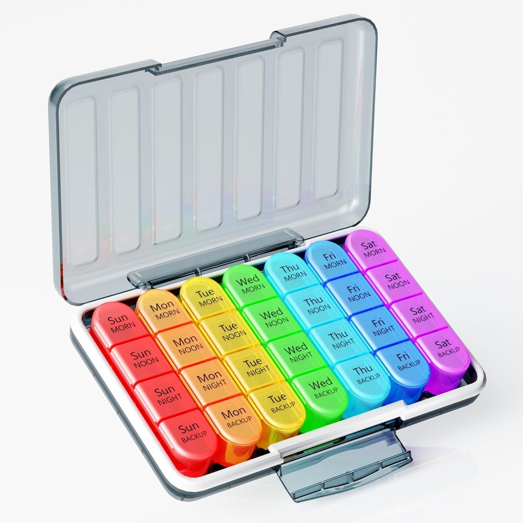 Zoksi Niiskus-Proof Weekly Pill Organizer 4 korda päevas, 7 päeva Pill Box 4X päevas, ühe nädala reisipillide juhtum 28 kaasaskantava komponendiga, vitamiinide, toidulisandite või ravimite ravimi konteiner