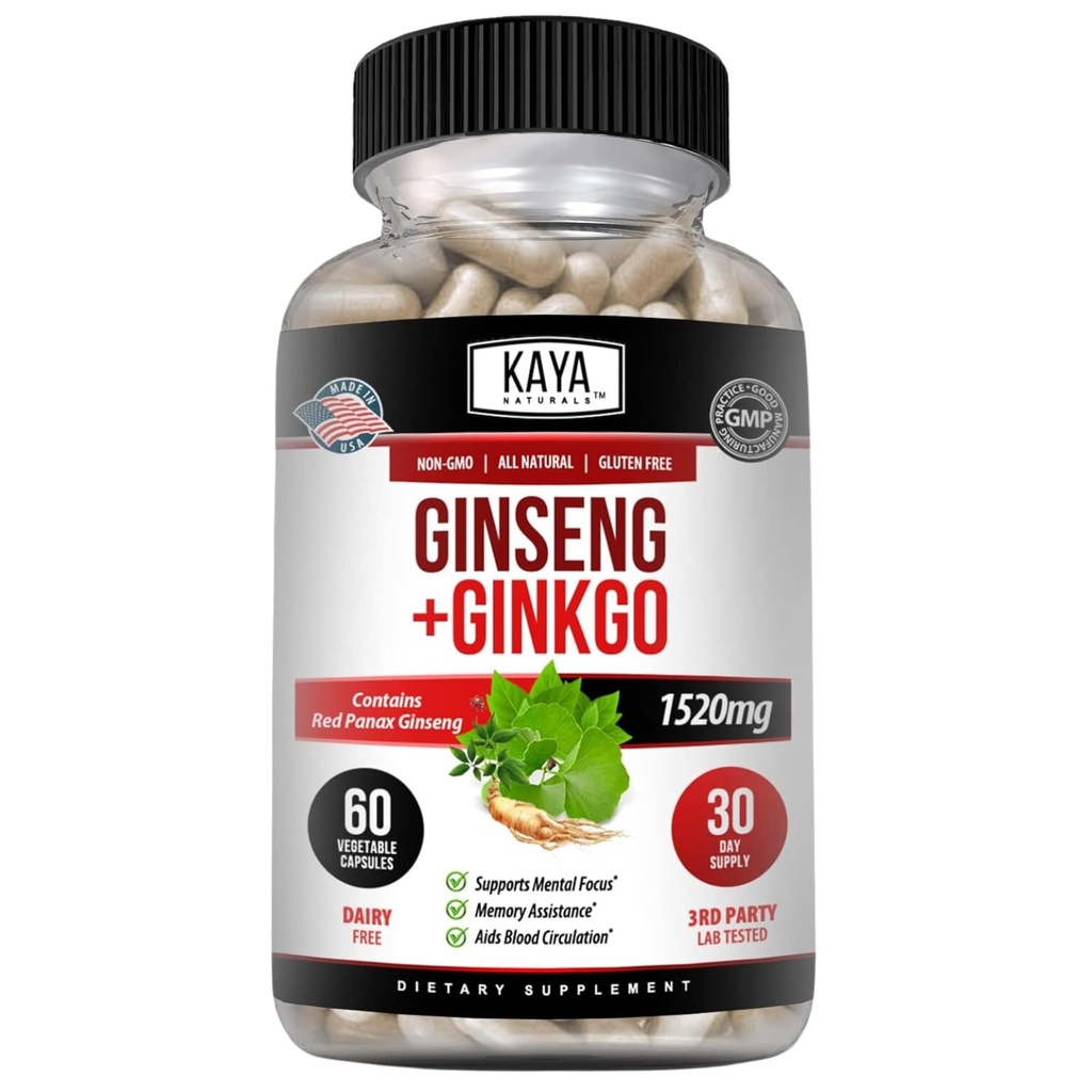 Kaya Naturals Red Panax ženšenn + Ginkgo Biloba - Nootroopne aju täiendus - Kognitiivne ja kontsentratsioonitoetus - Aju suurendaja, fookus ja mälu täiendus - 60 kapslit
