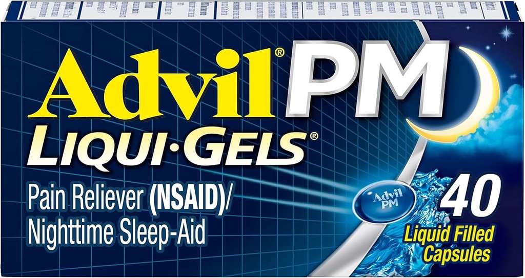 Advil PM valu leevendaja ja öine uneabi, valuvaigistav ravim ibuprofeeniga valu leevendamiseks ja difenhüdramiintsitraat uneabi jaoks - 40 kaetud kapslit