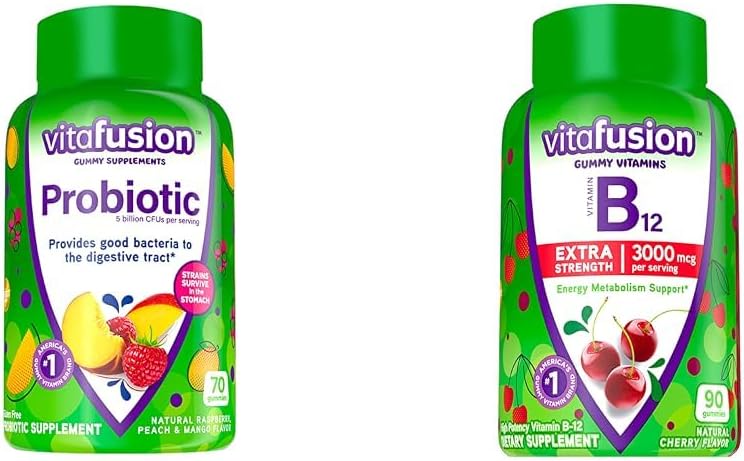 Vitafusion Probiootiline Gummy Supplements, Vaarika, Virsik ja Mango Maitsed & Extra Tugevus Vitamiin B12 Gummy Vitamiinid