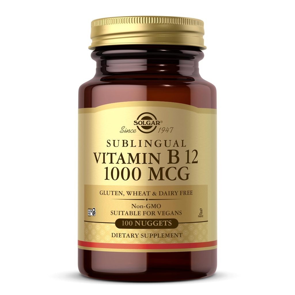 Solgar Vitamiin B12 1000 mcg, 100 Nuggets - energia tootmine, punased verelibled - tervislik närvisüsteem - soodustab südame-veresoonkonna tervist - Vitamiin B - mitte-GMO, Gluteenivaba, Kosher - 100 serveerimist