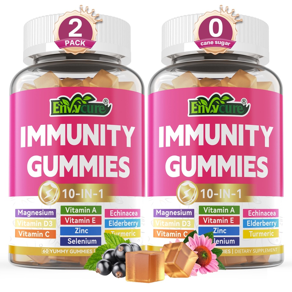 10 in 1 Immune Support Supplement Gummies, w / Echinacea, Elderberry C-vitamiin ja tsink, Selenium, D3-vitamiin 5000IU, magneesium, igapäevane immuunvõimendaja multivitamiin, antioksüdant luu energia, 2 Pack