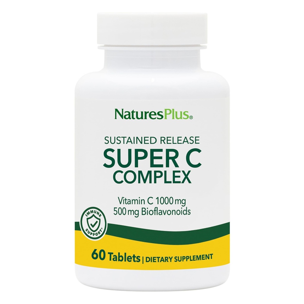 NaturesPlus Super C kompleks, püsiv vabanemine - 60 tabletti - 1000 mg C-vitamiini + 500 mg bioflavonoidid - taimetoitlane, gluteenivaba - 60 serveerimist