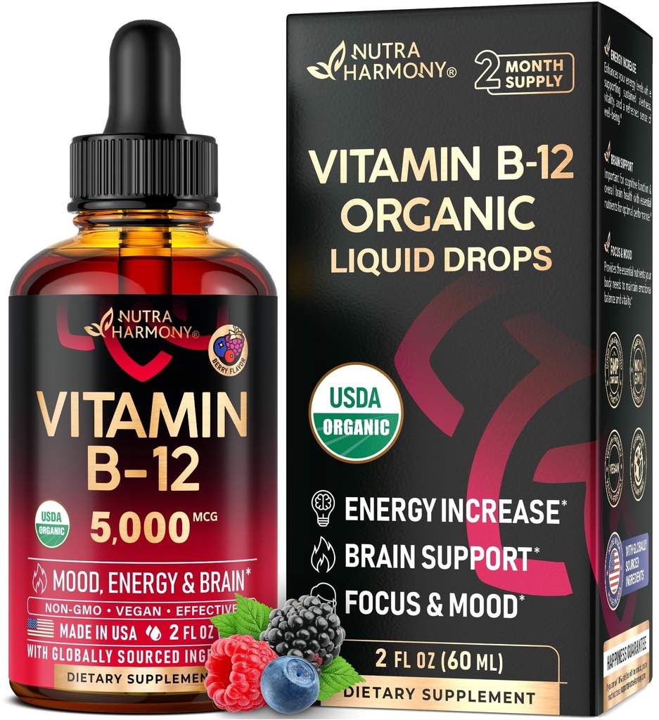 USDA orgaaniline vitamiin B12 keelealused tilgad - 5000 mcg Vegani metüülkobalamiin naistele ja meestele - energia suurendamine, fookus ja meeleolu, aju tervise toetamine - imendumise maksimeerimine - 2 kuu pakkumine, 2 fl oz