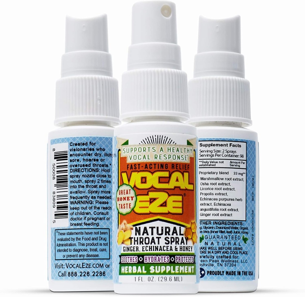 Vocal Eze Throat Spray | Leevendada valu, kähe, väsimus, kuivus kõri | Taimne immuunsuse tugi, kõik looduslikud koostisosad (1)