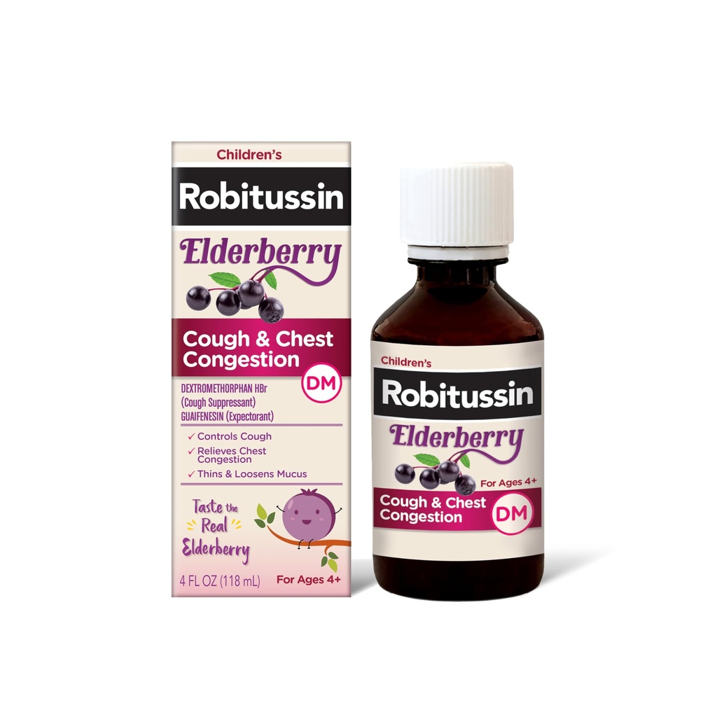 Robitussin Elderberry Cough + Rindkere ummistus DM Laste köha meditsiin, rindkere ummistuste leevendamine ja köha siirup - 4 Fl Oz
