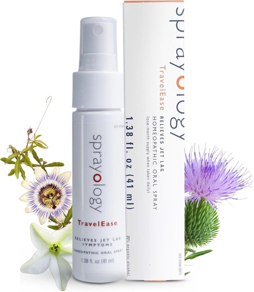 Sprayology TravelEase | Homöopaatiline Jet Lag Relief Spray | Leevendab väsimust, unetust, desorienteerumist ja dehüdratsiooni | Suukaudne pihustamine Nux Vomica, Passionflower & Piimaohakaga (1,38 fl oz)