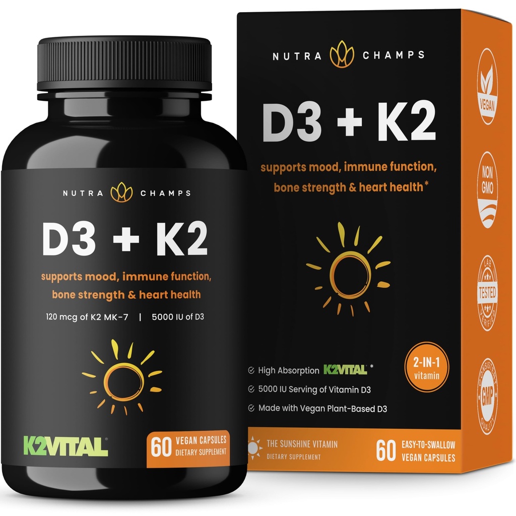 NutraChamps D3 koos K2 MK7 toidulisandiga südame ja luu tervise jaoks | Vitamiin D & K kompleks | 5000 RÜ D-vitamiini 3 & 100 mcg K-vitamiini 2 MK-7 | 60 vitamiini K2 D3 kapslid