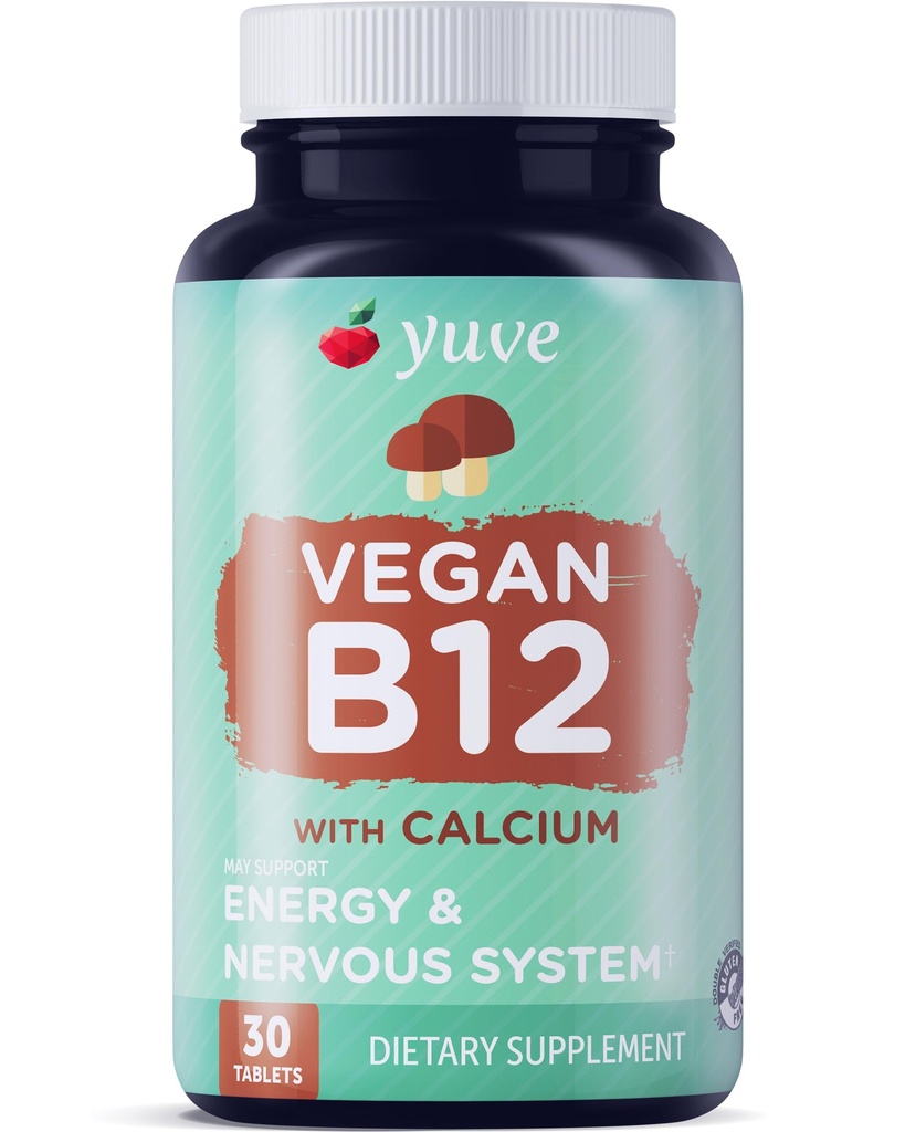 Yuve Vegan B12 koos kaltsiumiga maksimaalse imendumise jaoks - aktiivne energia ja kesknärvisüsteemi tugi - 1000 mg kobalamiini vitamiin B 12 - looduslik, mitte-GMO, gluteenivaba, suhkruvaba - 30 tabs