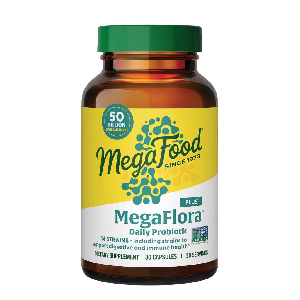 MegaFood MegaFlora Probiootikum Plus - Probiootikumid naistele ja meestele Seedetrakti Tervis - 50 miljardit CFUd ja 14 tüve - Immuunsüsteemi tugilisa - Taimetoitlane - 30 kapslit