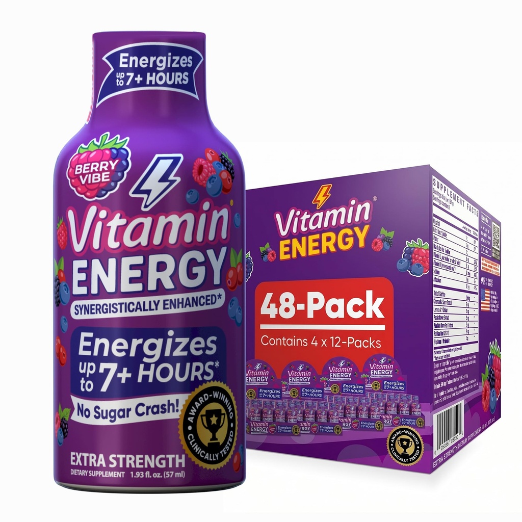 Vitamiinienergia Mood + Extra Tugevus Energia Shot Tropical Berry 48 Pack, 260mg looduslik kofeiin, B-vitamiinid, rodiola, kummel, meeleolu ja energia toetus, null suhkur, Gluteenivaba, Vegan, 1.93 fl oz