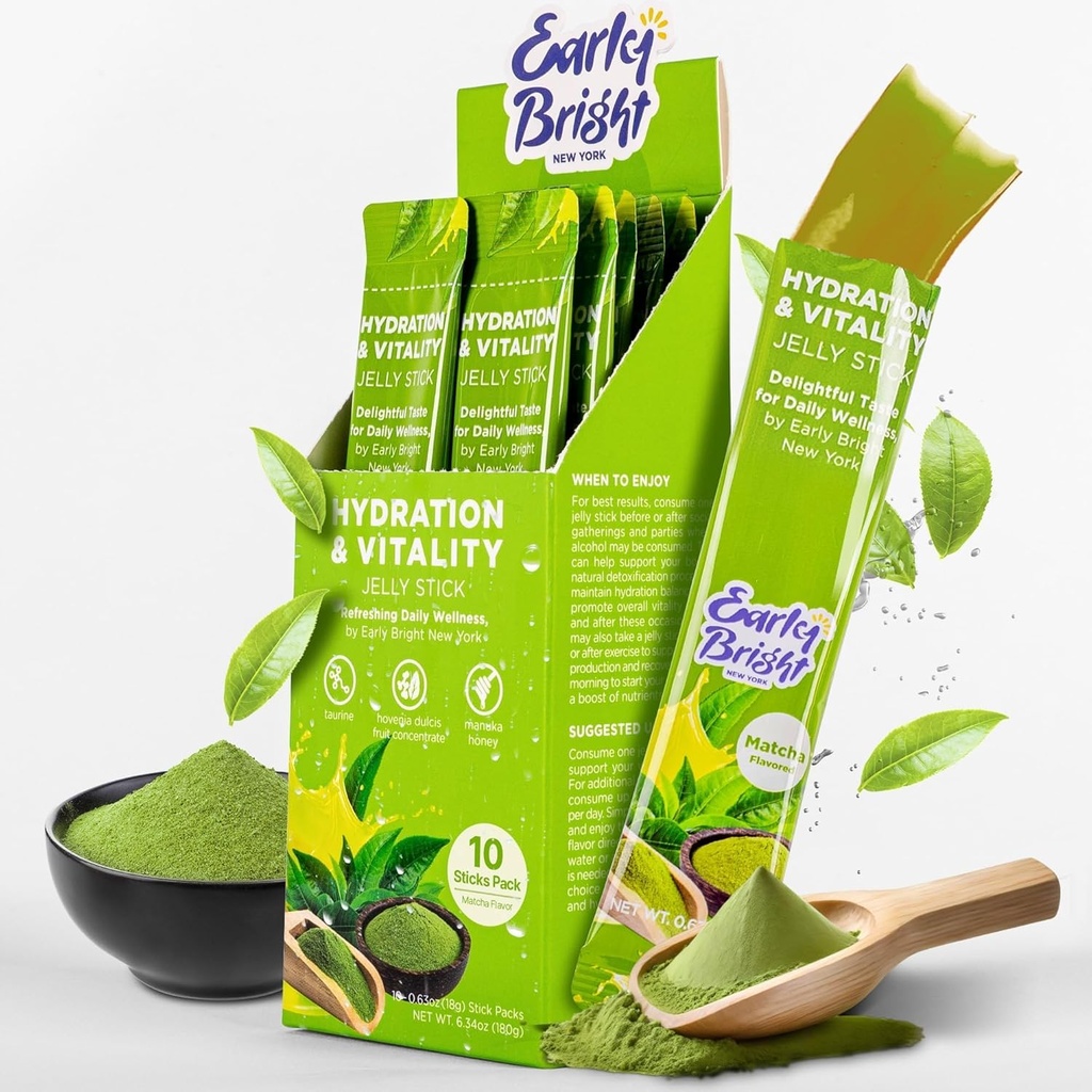 Jelly Sticks - Matcha-maitsestatud paremaks hommikuks pärast joomist, maksatoetus ja elujõud koos tauriini & DHM-iga, tunne värskendatud ja energiline, 18gX10ea