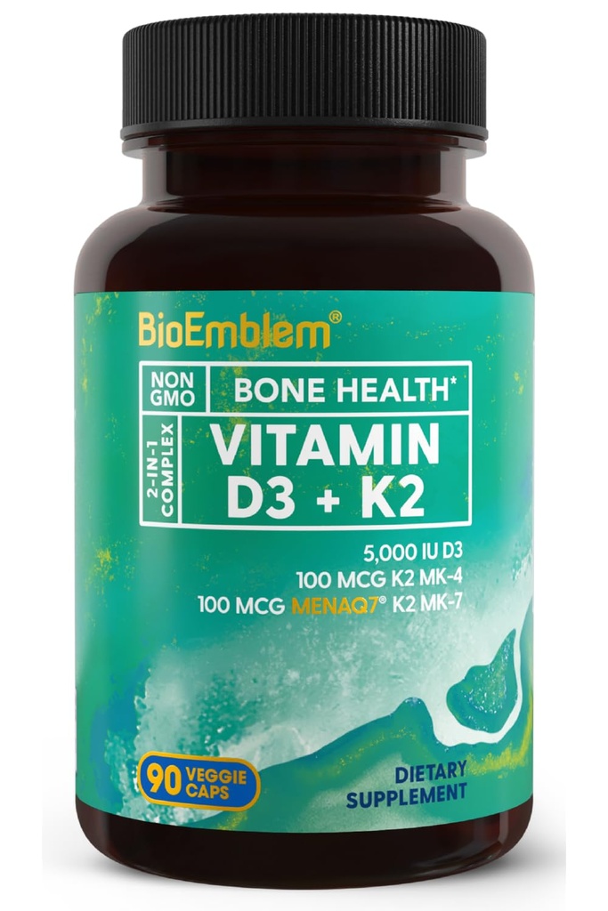 BioEmblem Vitamiin D3 K2 Kapslid (5000IU ja 200mcg) - Patenteeritud MK7 ja MK4 3-in-1 kompleksne tugi - Taimetoitlane Vitamiin D K2 Täiendus hambad, süda, immuunsüsteem - Non-GMO, 90 kapslit