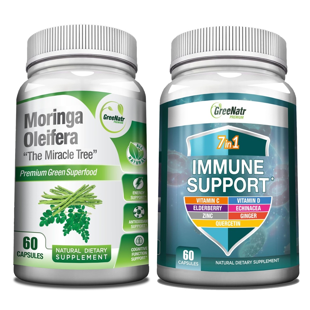 GreeNatr Energy Support & Immune Defense Bundle: Pure Moringa Oleifera Leaf Extract Veggie kapslid (1000 mg) koos 7-in-1 Immune Support valem energia, meeleolu, mälu, fookus