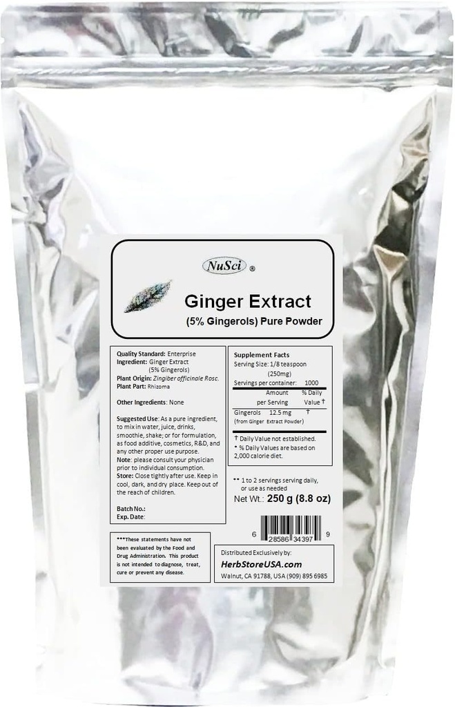 Ingveri juure ekstrakt 250 g (8,8 oz) Pulber standardiseeritud 5% ingveroolid, tugi seedesüsteemi