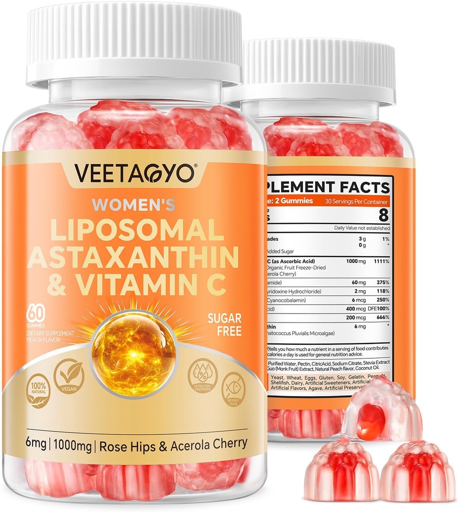Astaksantiin Toidulisandid 6mg + Liposomaalne Vitamiin C 1000mg - Kahekihiline - Niatsiin B6,B12,Folaat,biotiin - Antioksüdandid - želatiinivaba, suhkruvaba, 60Cts