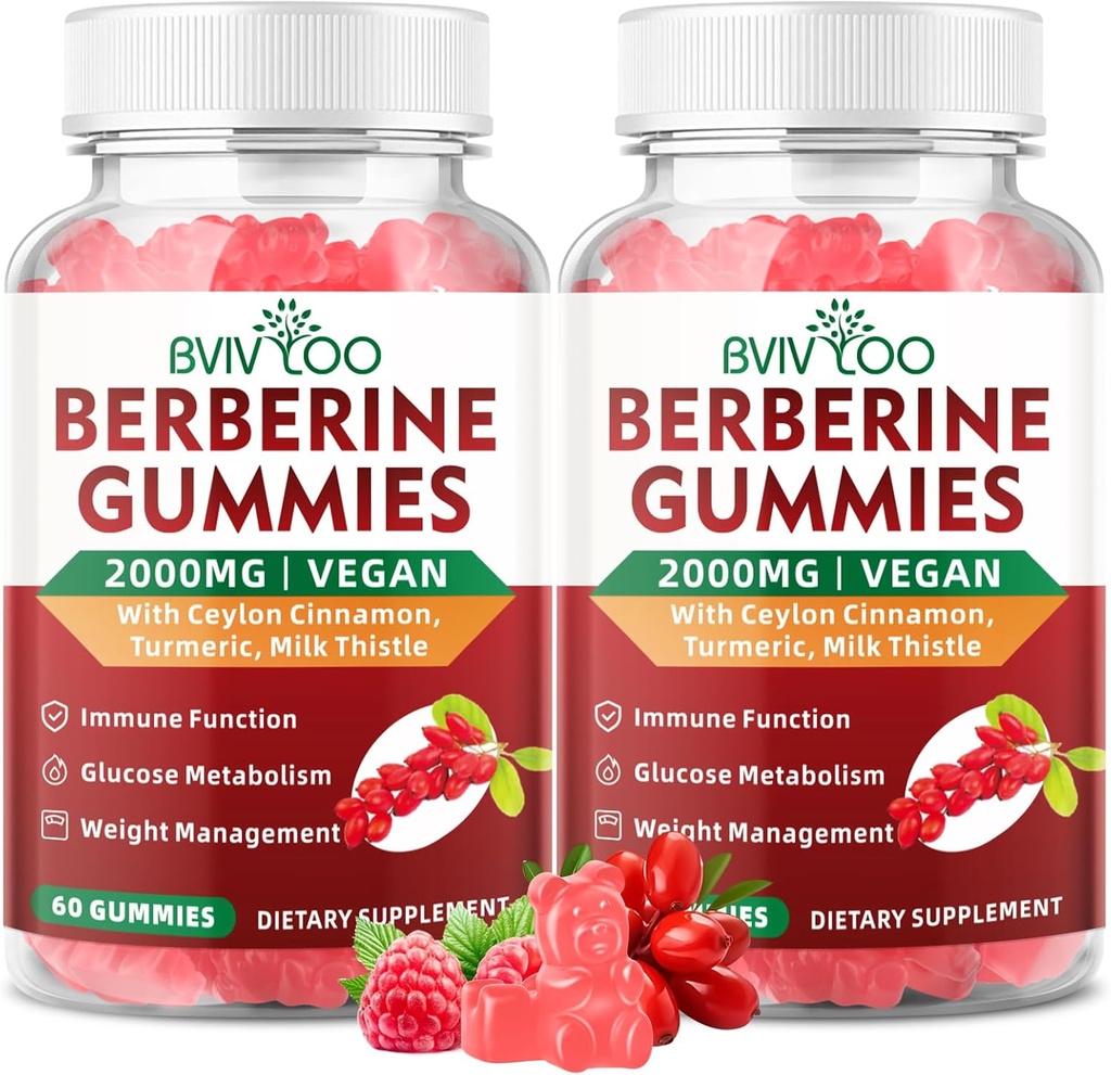 2 Pack Berberine Gummies, 2000mg kõrge potentsi Berberine HCI täiendada, pluss Ceylon Cinnamon, piimaohakas naistele ja meestele, immuunsüsteemi ja ainevahetuse tugi - 120 kummikud