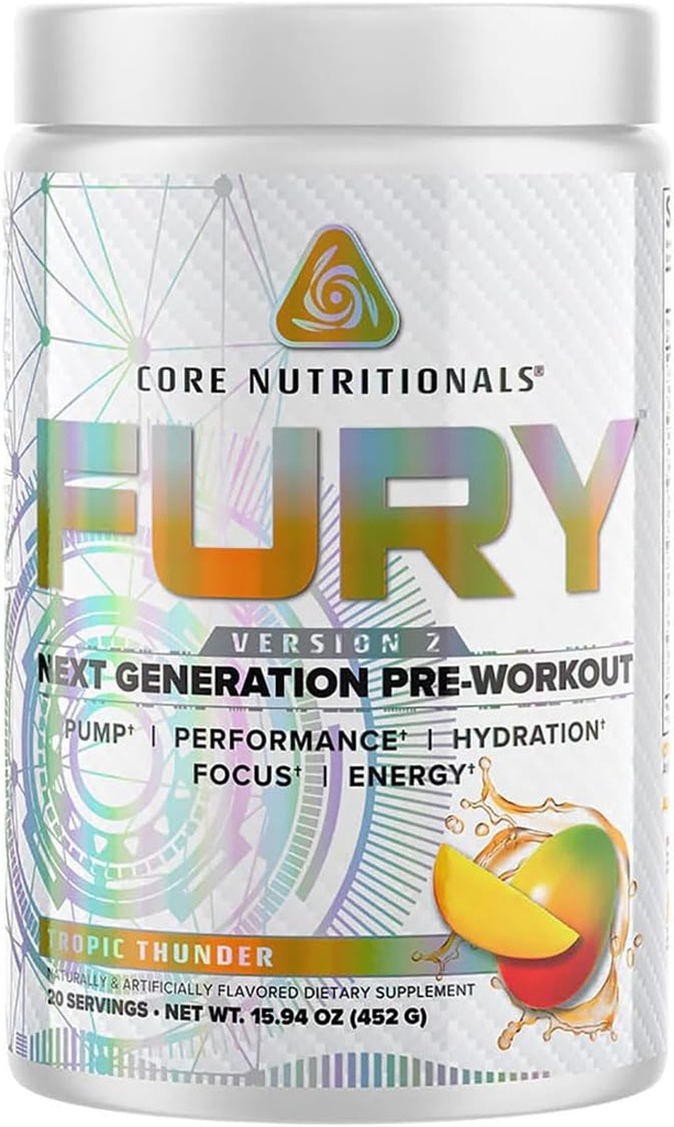 Core Nutritionals Fury V2: Pre-Workout pulber, et maksimeerida jõudlust jõusaalis W/Zum-XR® kofeiin, L-CItruline ja Alpha GPC (40 Scoops) (troopiline äike)