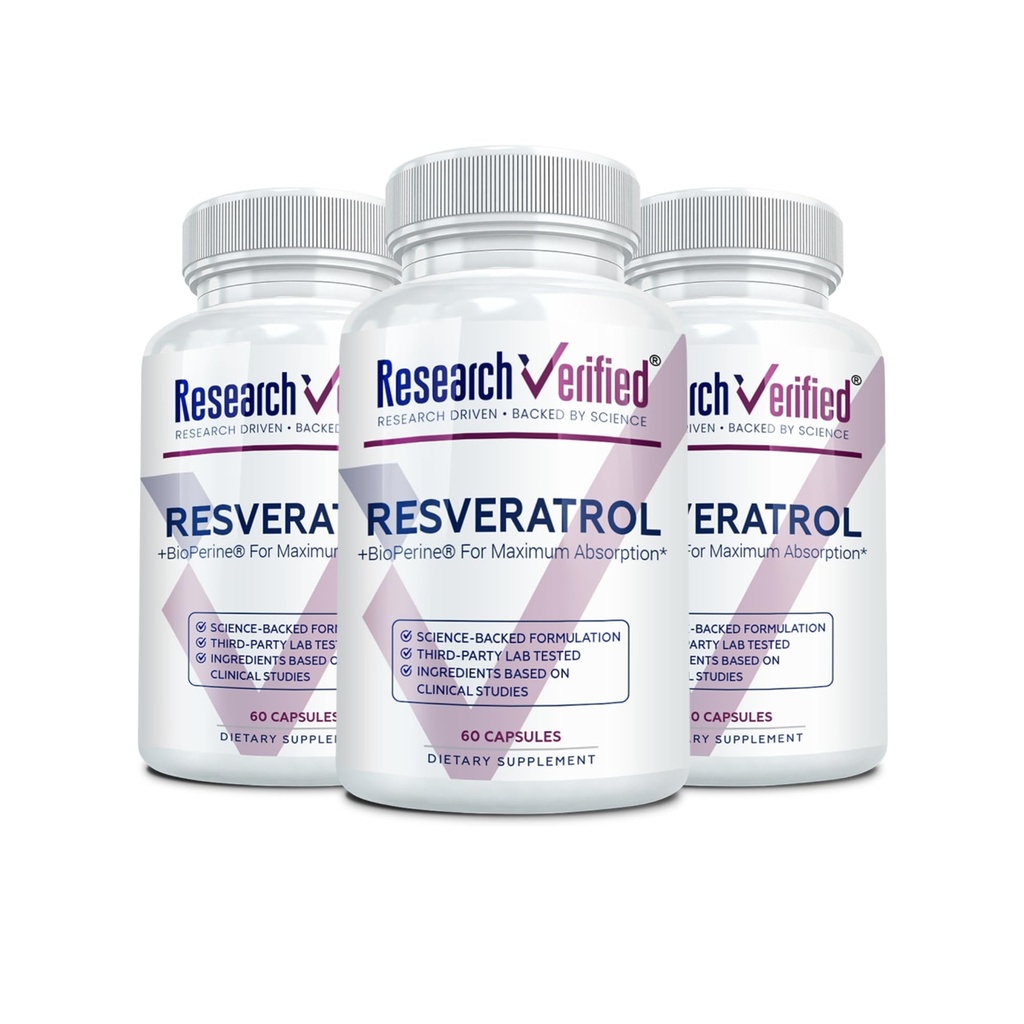 Uuringud Kontrollitud Resveratrool - 98% Trans-Resveratrool 1000 mg, vananemisvastane tugi - 60 kapslit pudeli kohta - 3 pudelit