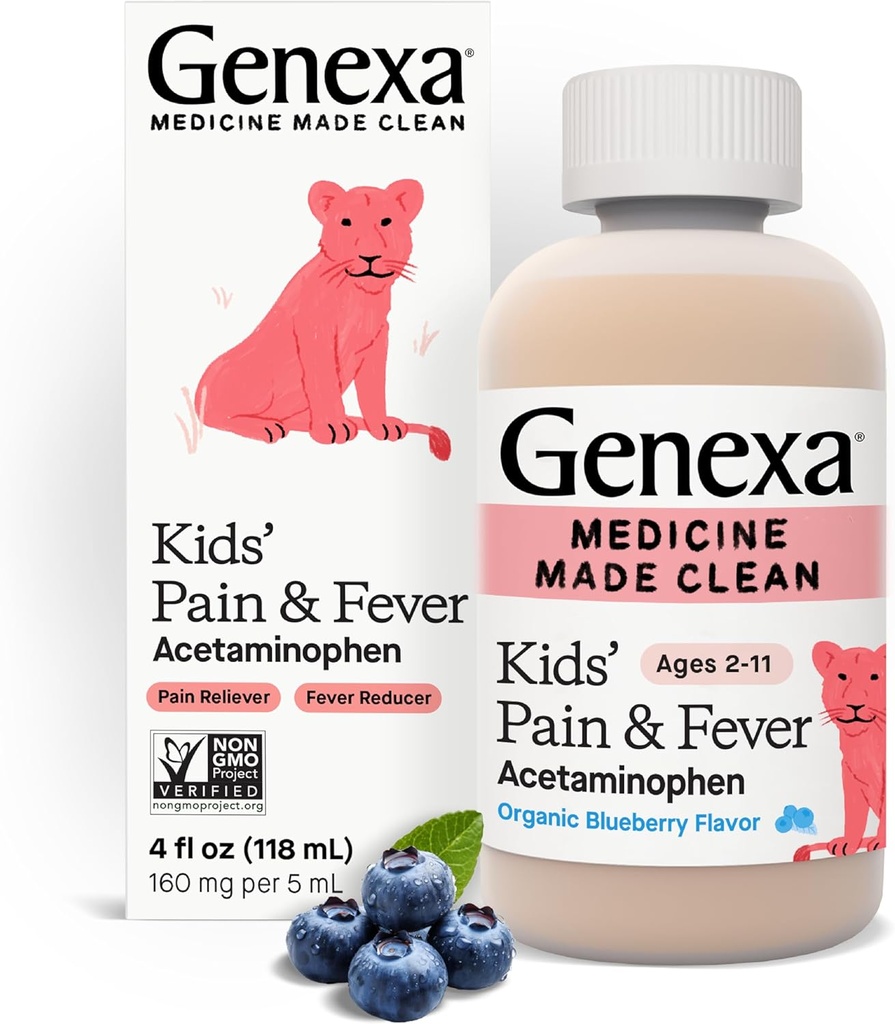 Genexa Laste Acetaminophen Pain & Palavik Suukaudne suspensioon Meditsiin - 4oz - 2 - 11-aastastele lastele leevendab ajutiselt valu ja palaviku sümptomeid, 160 mg 5 ml - Orgaaniline mustikamaitse