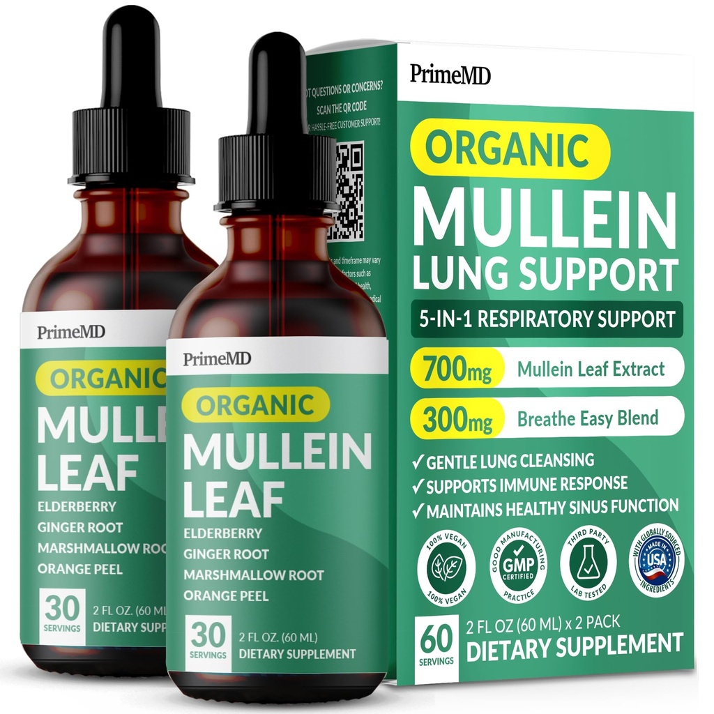 5-in-1 Mullein Drops for Lungs and Bronchial - Respiratory Lung Health Support with Mullen Leaf Extract for Lungs - Mullein Tincture with Elderberry, Echinacea and Ginger Root (60 Servings) (2-pack)
