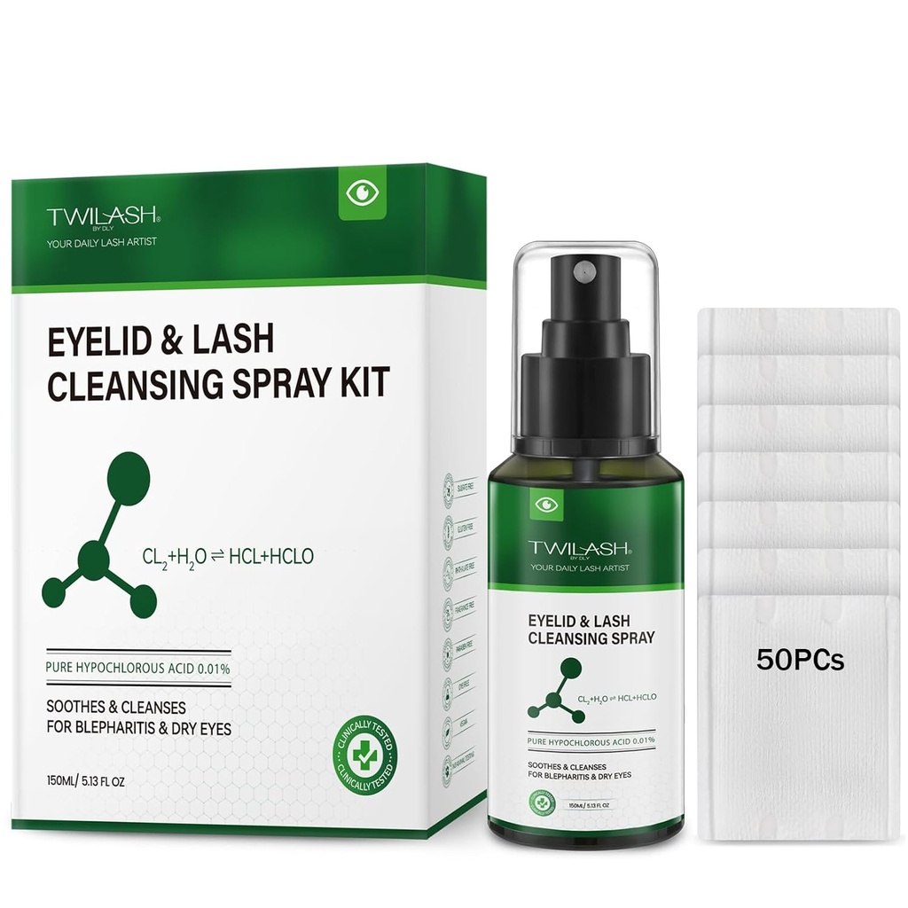 Eyelid and Eyelash Cleanser Spray, Pure Hypochlorous Acid, 150ml/5.13 fl oz – Soothe & Cleanse for Blepharitis & Dry Eyes, 50 Cotton Rounds