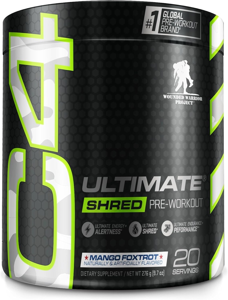 Cellucor C4 Ultimate Shred x Wounded Warrior Project Pre Workout Powder, Fat Burner meestele ja naistele, Kaalulangus Supplement koos ingveri juure ekstrakt, Mango Foxtrot, 20 Servings (pakk 1)