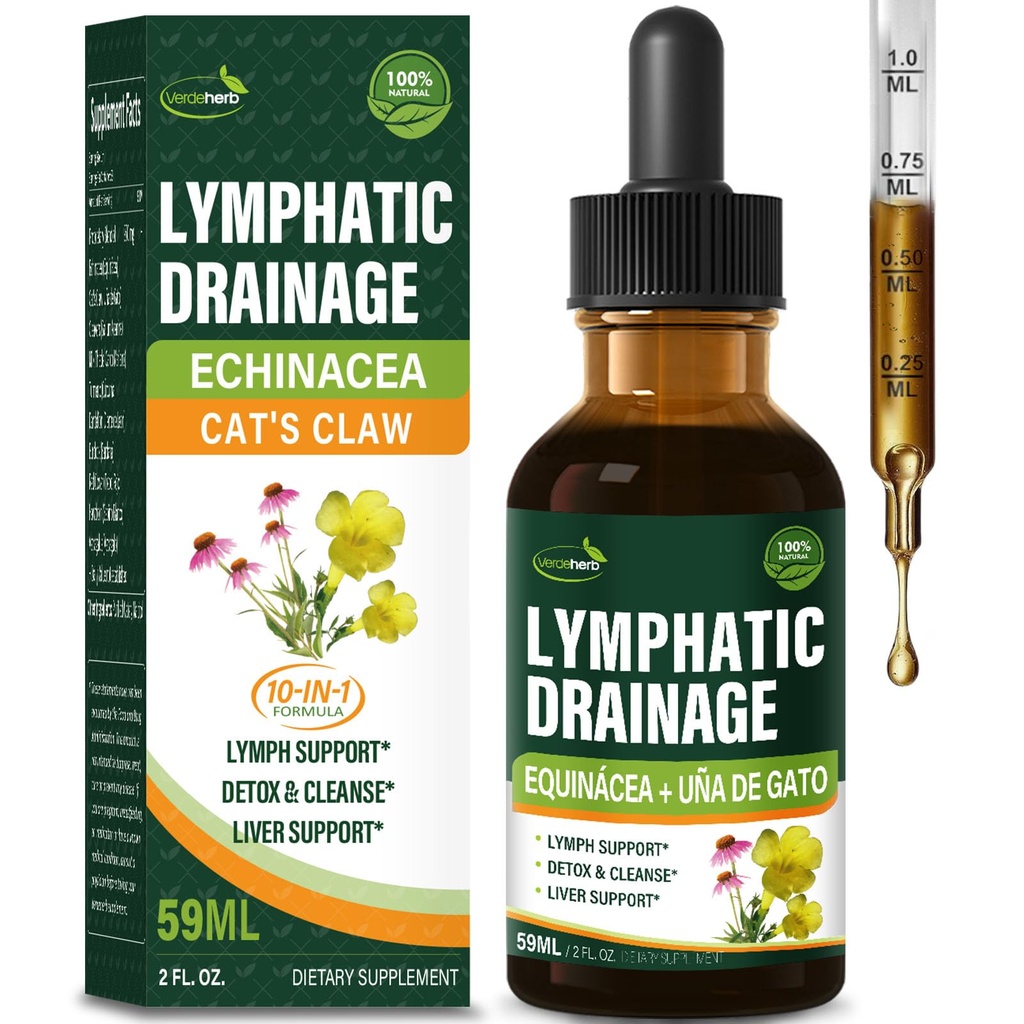 Cleavers Lymphatic Drainage Drops Enhance Lymph System Detox Cleanse, Echinacea, Milk Thistle, Cats Claw, Kurkum, Dandelion, Burdock Immune Support Supplement. 2oz