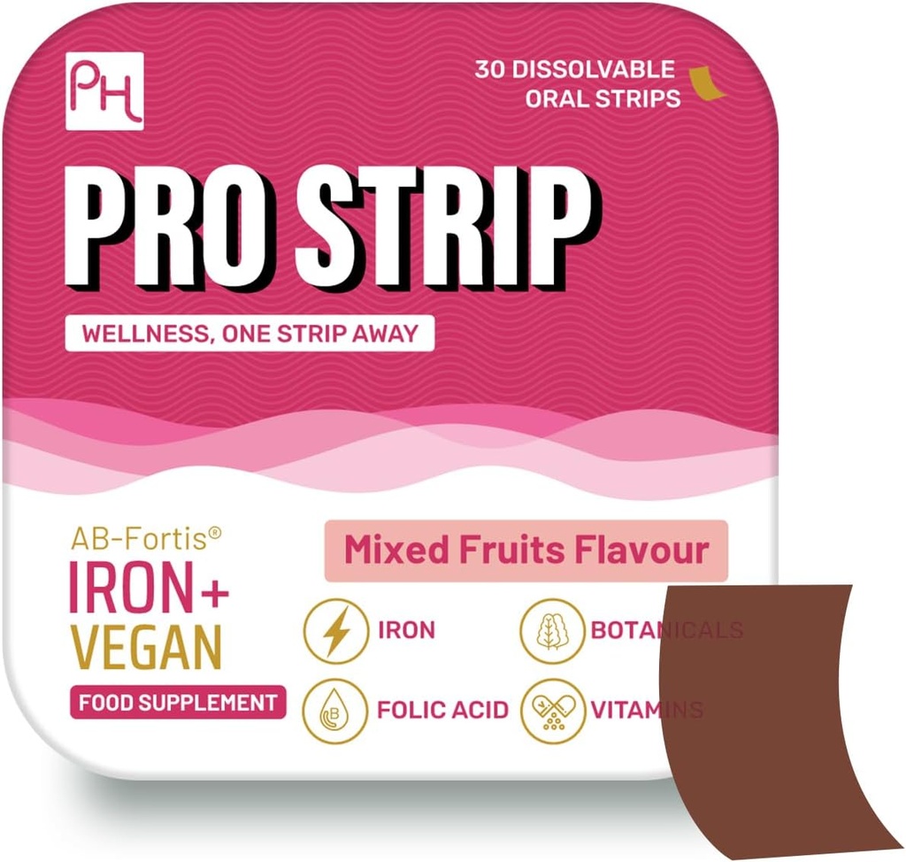 PROSTRIP® Iron+ AB-Fortis® 14mg Lisatud vitamiin C, B1, B2, B6, foolhape, peedi, spinat ja tart kirss – 30 suukaudset veganriba – vett ei ole vaja – kõrge imendumine Prowise Healthcare