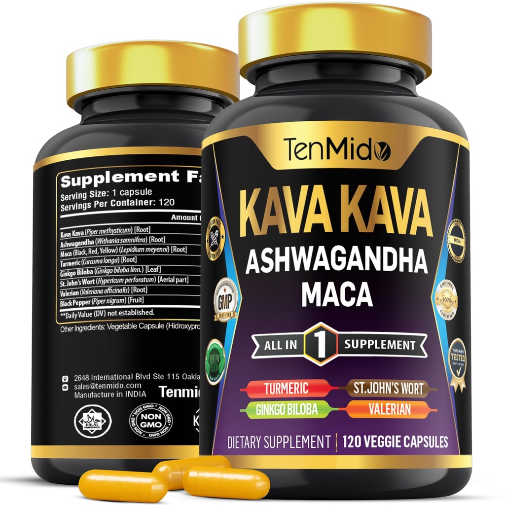 Kava Juurte täiendus - 8in1 valem - kombineerige Ashwagandha, Maca, Turmeric, Ginkgo Biloba, naistepuna, Valerian & Black Pepper - 120 Vegan Kapslit, 4 kuud pakkumine