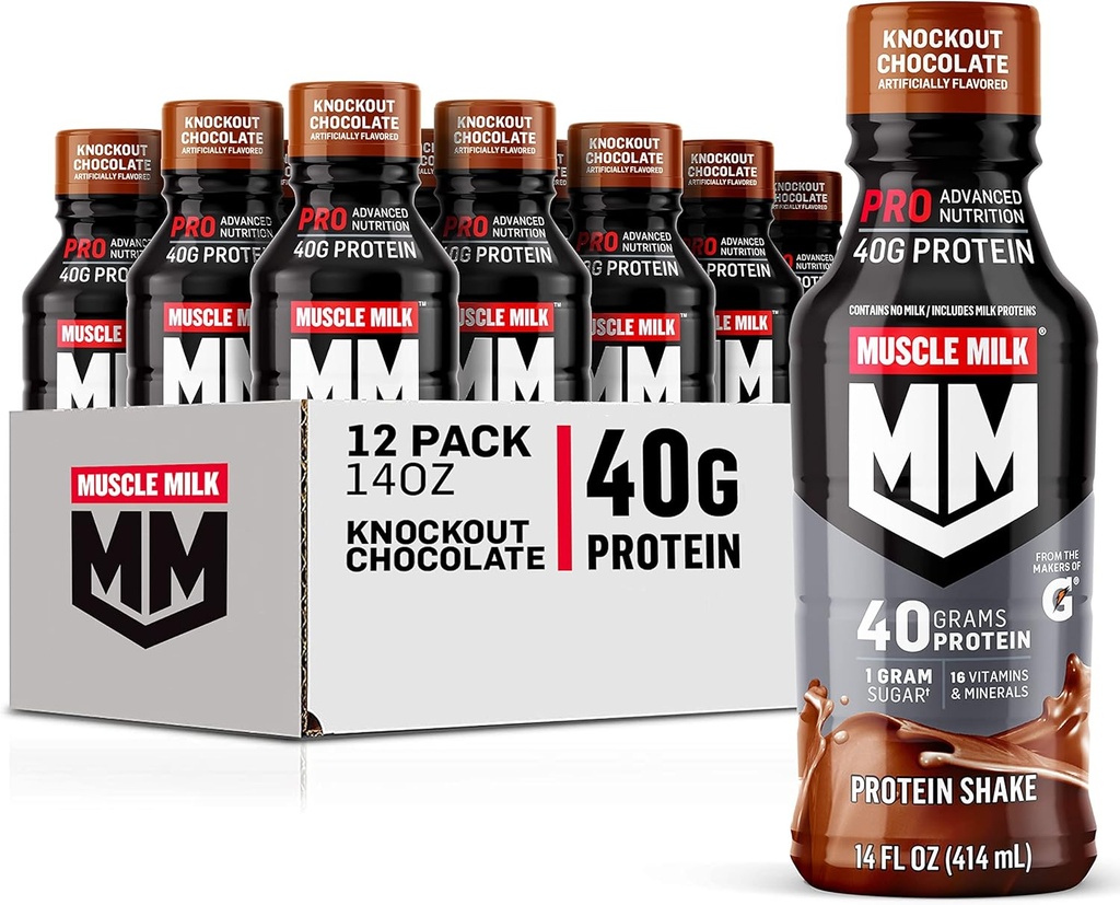 Muscle Milk Pro Advanced Nutrition Pro Pro Pro Pro Pro Protein Shake, Knockout Chocolate, 14 Fl Oz Pudel, 12 Pack, 40g Valk, 1g Suhkur, 16 Vitamiinid ja Mineraalid, 6g Fiber, Treeningu taastamine, Pakendamine Võib erineda