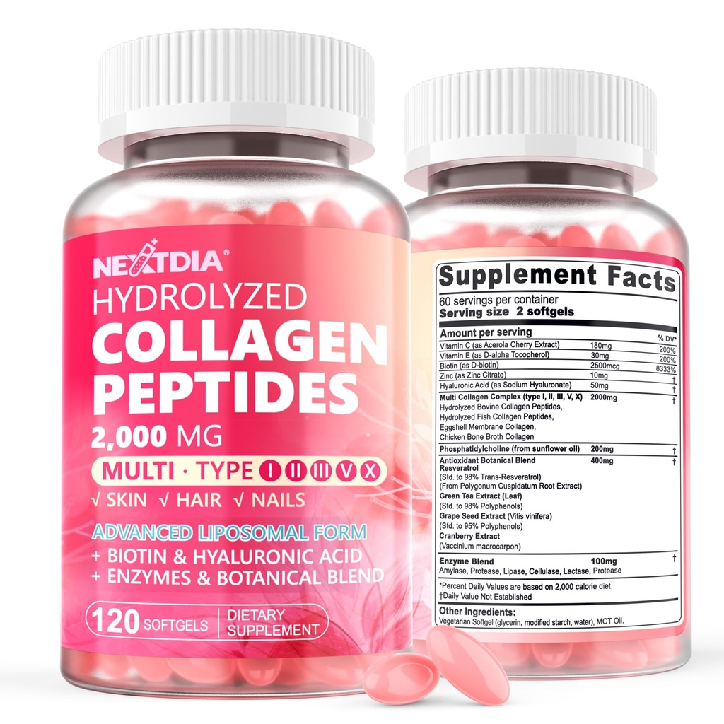 2 Pakend Liposomaalne kollageen Peptiidide pillid naistele 2000mg, Multihüdrolüüsitud kollageeni tüüp I, II, III, V, X koos 2500mcg Biotin - kollageeni täiendused Pehmendavad juuksed, nahk ja küüned Vitamiinid, 240 Cts