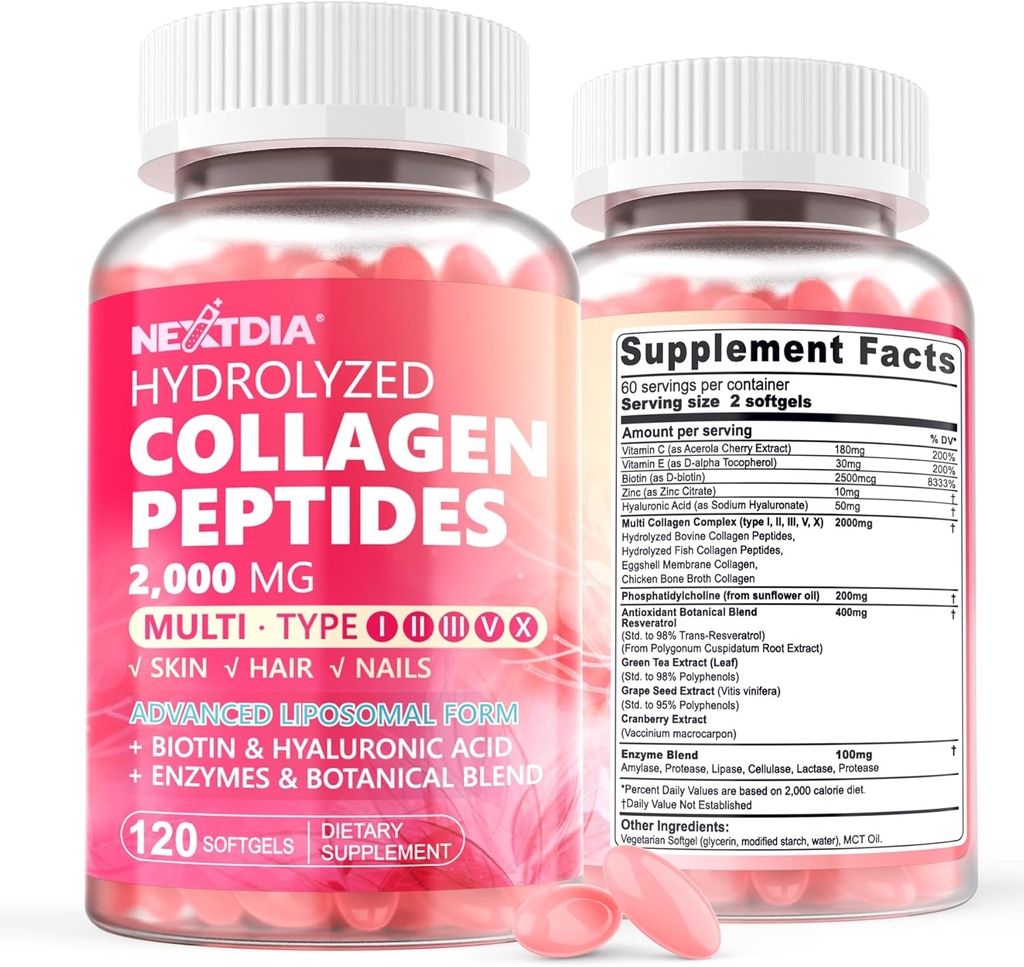 2 Pakend Liposomaalne kollageen Peptiidide pillid naistele 2000mg, Multihüdrolüüsitud kollageeni tüüp I, II, III, V, X koos 2500mcg Biotin - kollageeni täiendused Pehmendavad juuksed, nahk ja küüned Vitamiinid, 240 Cts