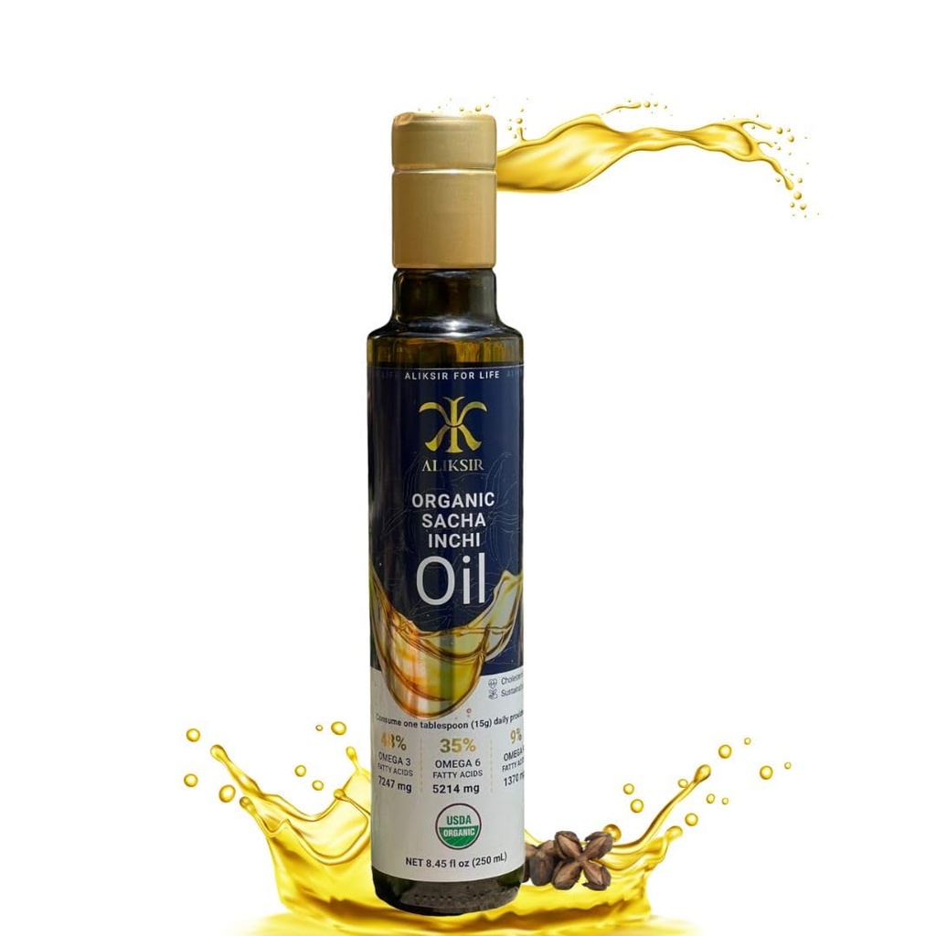 Orgaaniline Sacha Inchi õli, Amazonase seeme - ekstra neitsi, 100% looduslik, kõrge oomega 3 (7247 mg), Omega 6 (5214 mg), Omega 9 (1370 mg), külmpressitud E-vitamiini - antidioksüdandid, mis aitavad teil juuksed, küüned ja nahk.