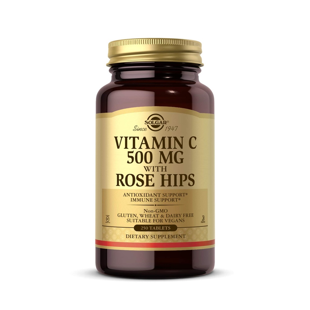 Solgar C-vitamiin 500 mg koos roosipuustega, 250 tabletti - antioksüdant ja immuunsuse tugi - üldine tervis - toetab tervislikku nahka ja liigeseid - mitte GMO, vegan, gluteenivaba, piimavaba, kosher - 250 serveerimist
