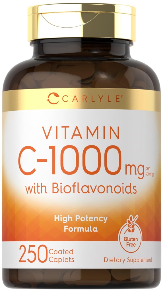 Carlyle Vitamiin C 1000mg | koos Rose Hips ja Citrus Bioflavonoids | 250 Caplets | Taimetoitlane, mitte-GMO, gluteenivaba toidulisand