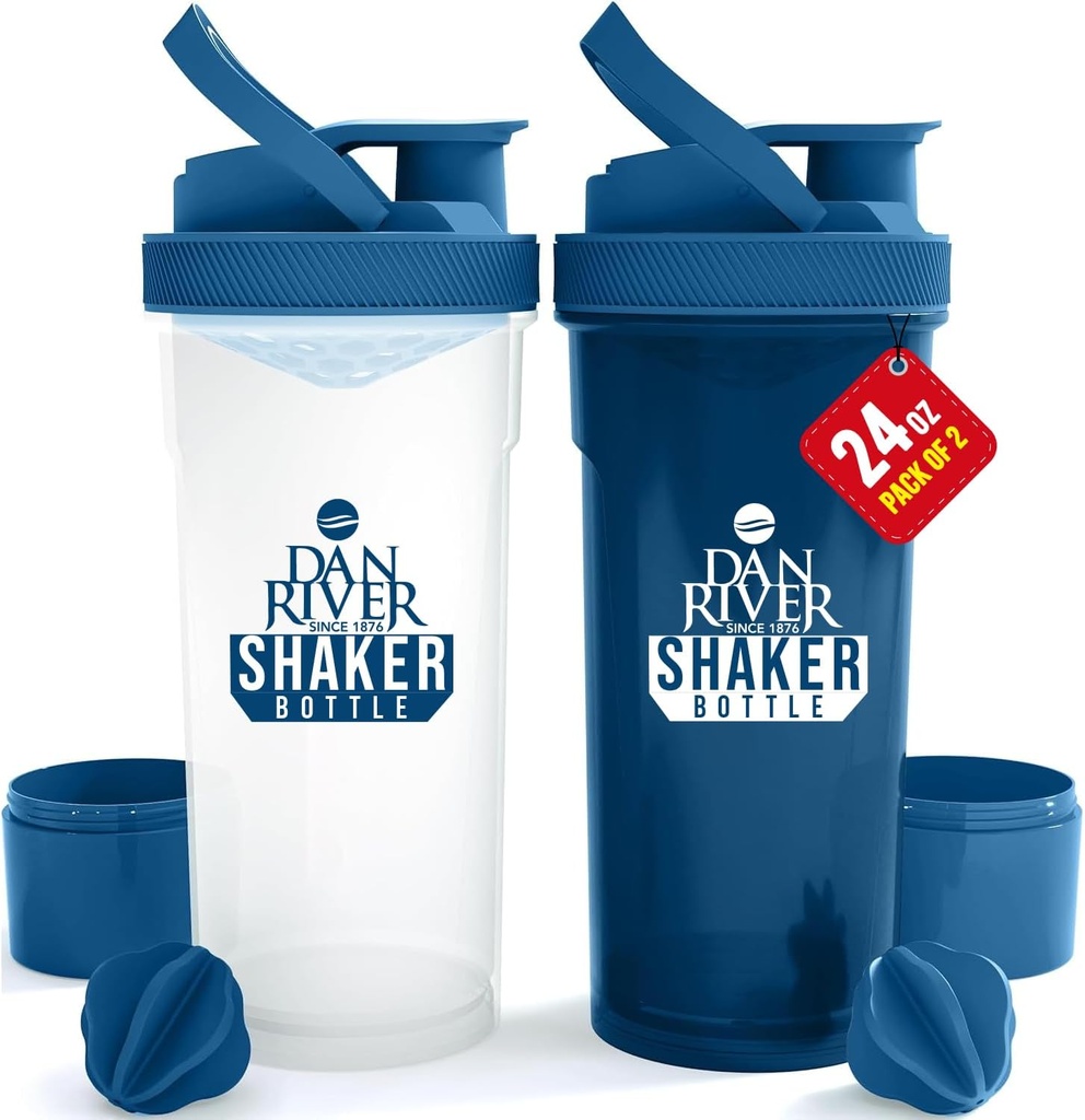 DAN RIVER 2-Pack Shaker Bottle | 24oz Plastic Protein Shaker & Mixer | Twist & Lock Design Smoothies & Protein Mixes | Durable, Lekk-Proof, Lihtne puhastada | Clear & Blue Shaker pudelid jõusaalile