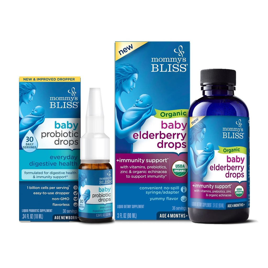 Emme Bliss Baby probiootikum langeb iga päev 30 serveerimist (1. pakk) orgaanilise beebi Elderberry tilkadega 36 serveerimist (1. pakk), toetades beebi immuunsust